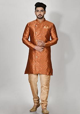 Orange Printed Jacquard Kurta Set For Men