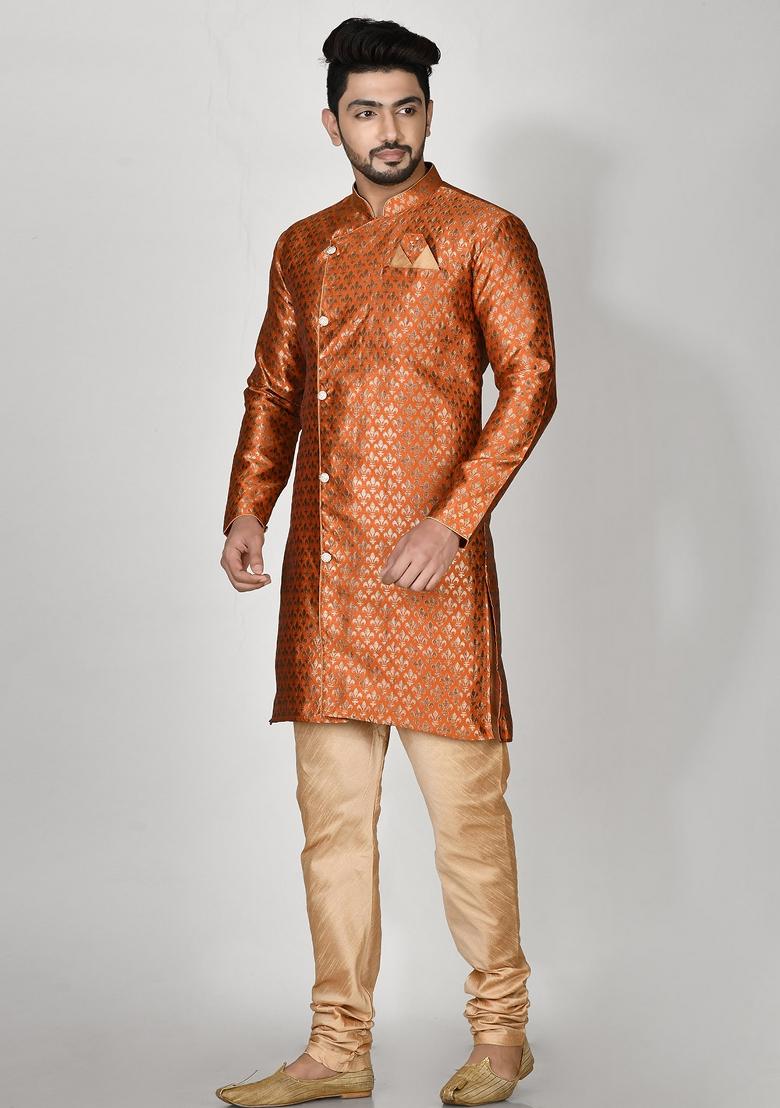 Orange Printed Jacquard Kurta Set For Men
