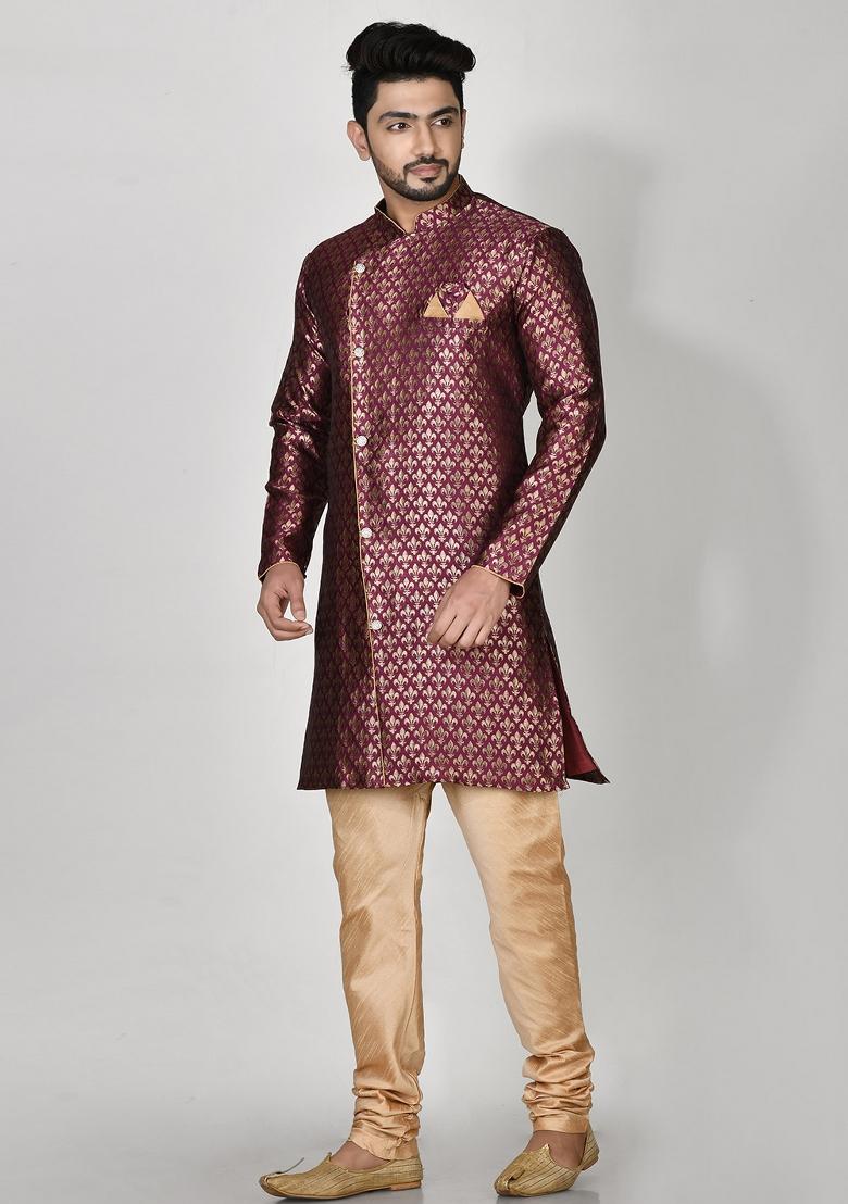 Purple Printed Jacquard Kurta Set For Men
