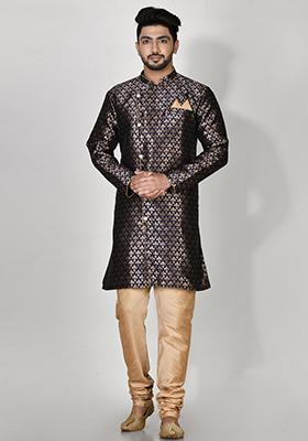 Blue Printed Jacquard Kurta Set For Men