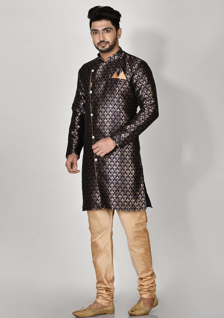 Blue Printed Jacquard Kurta Set For Men