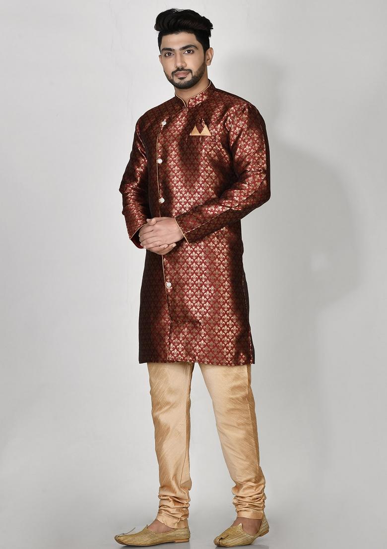 Maroon Printed Jacquard Kurta Set For Men