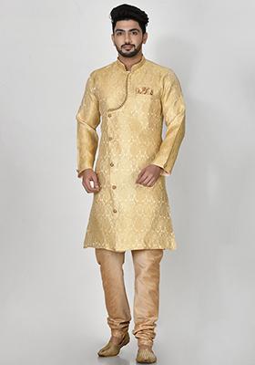 Golden Embroidered Jacquard Kurta Set For Men