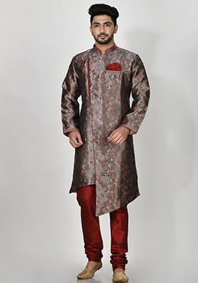 Grey Embroidered Jacquard Kurta Set For Men