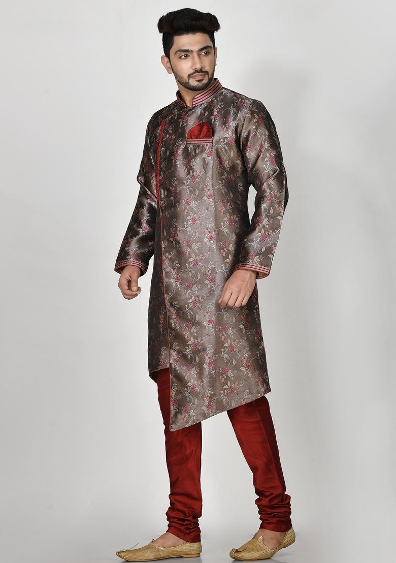 Grey Embroidered Jacquard Kurta Set For Men