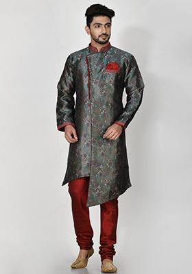 Green Embroidered Jacquard Kurta Set For Men