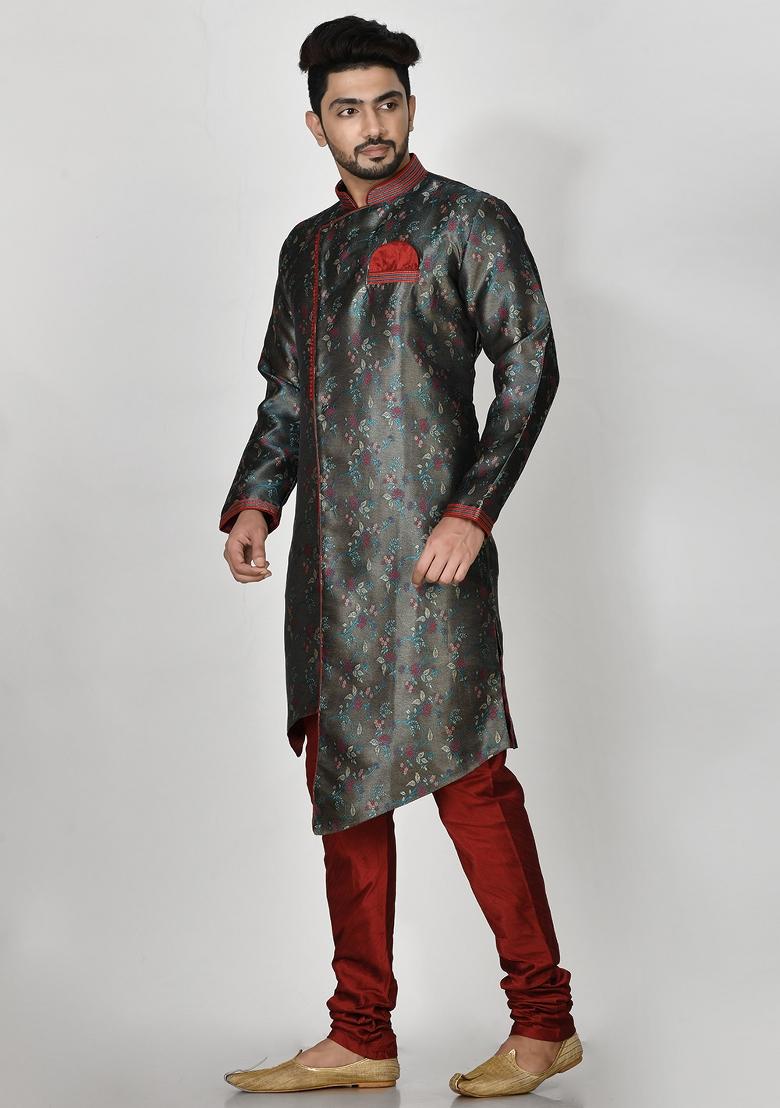 Green Embroidered Jacquard Kurta Set For Men