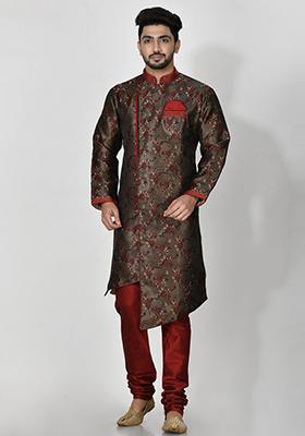 Brown Embroidered Jacquard Kurta Set For Men