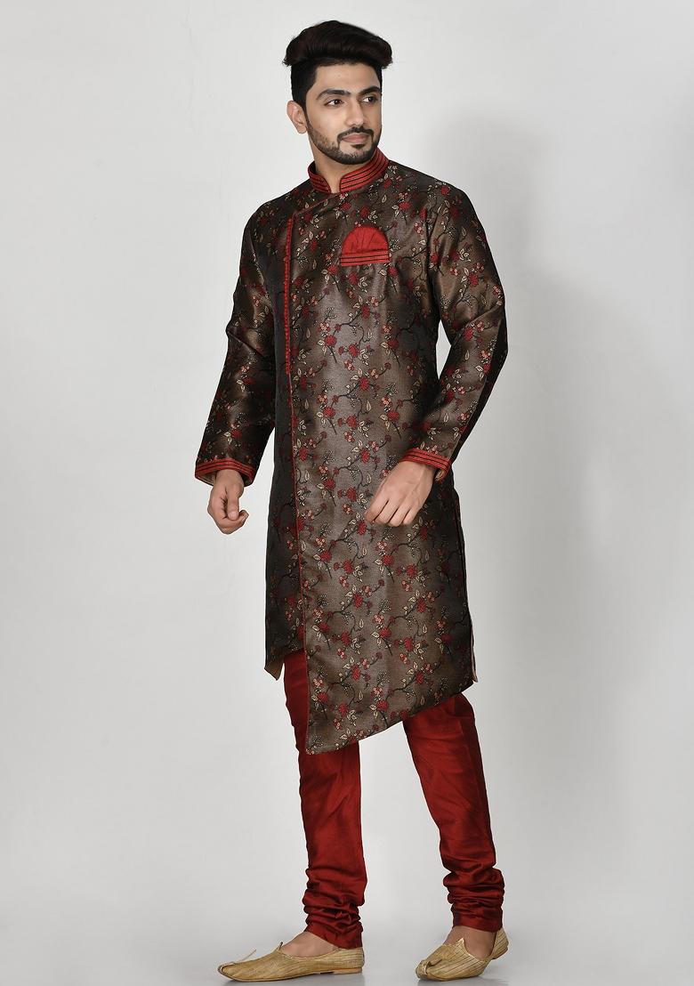 Brown Embroidered Jacquard Kurta Set For Men