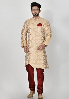 Golden Embroidered Jacquard Kurta Set For Men