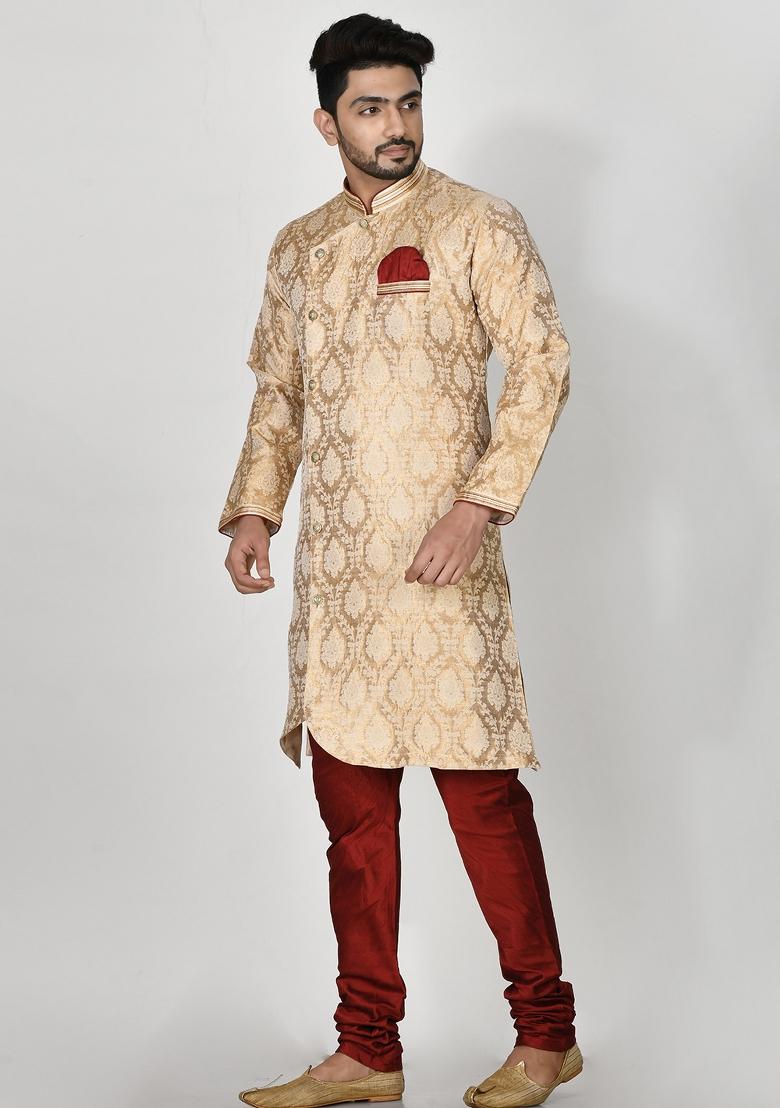 Golden Embroidered Jacquard Kurta Set For Men