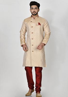 Beige Embroidered Jacquard Kurta Set For Men
