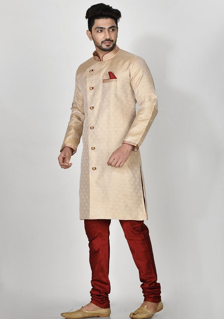 Beige Embroidered Jacquard Kurta Set For Men