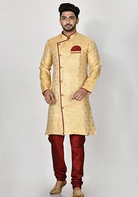 Golden Embroidered Jacquard Kurta Set For Men