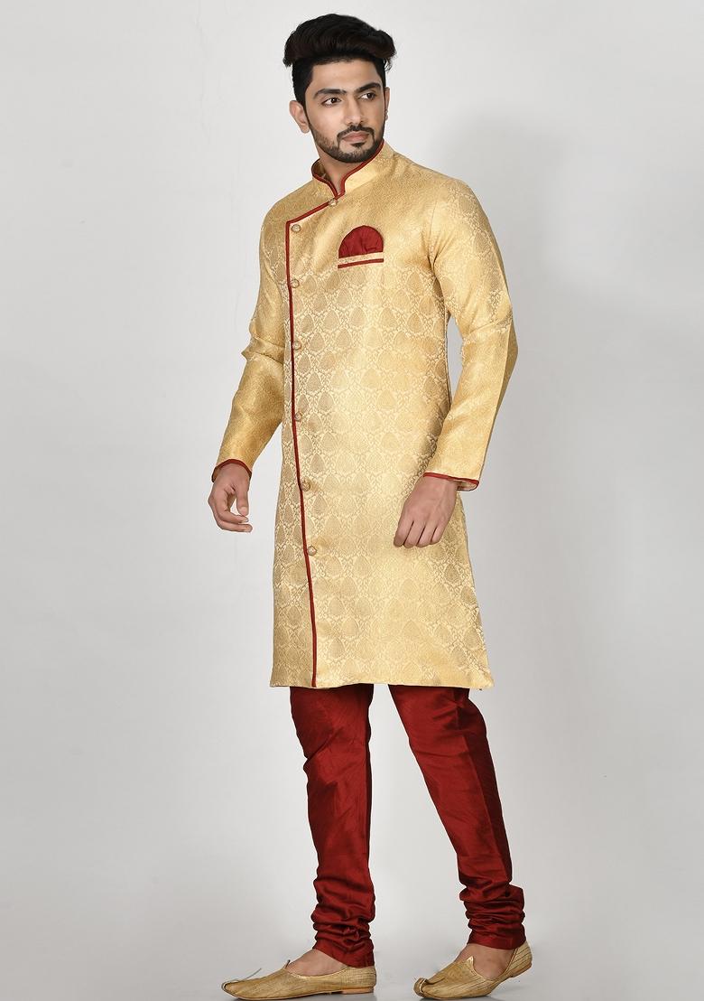 Golden Embroidered Jacquard Kurta Set For Men