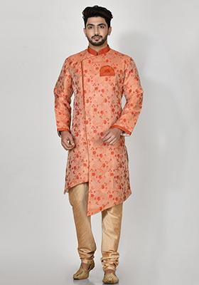 Orange Embroidered Jacquard Kurta Set For Men