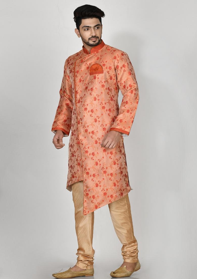 Orange Embroidered Jacquard Kurta Set For Men