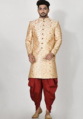Orange Embroidered Silk Indo Western Sherwani Set For Men