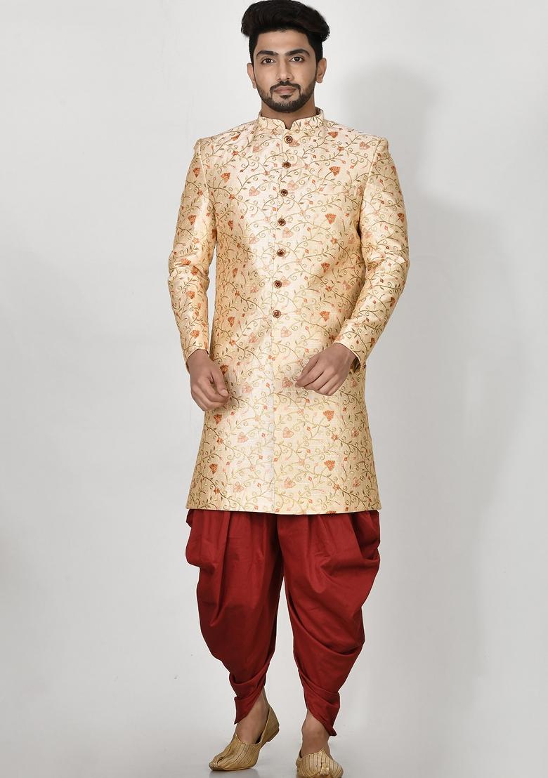 Orange Embroidered Silk Indo Western Sherwani Set For Men