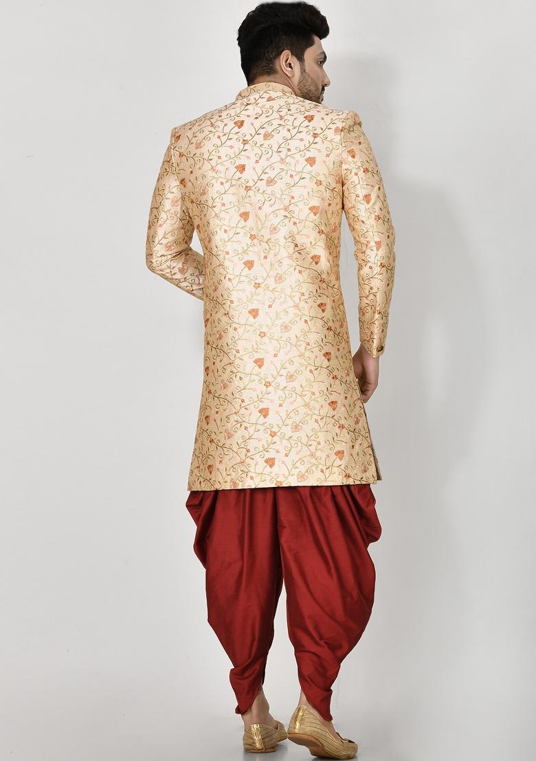 Orange Embroidered Silk Indo Western Sherwani Set For Men