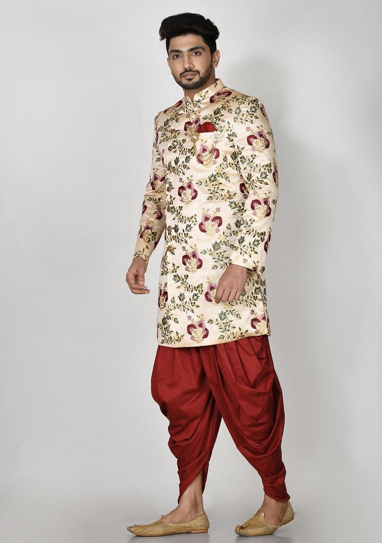Multi Embroidered Silk Indo Western Sherwani Set For Men
