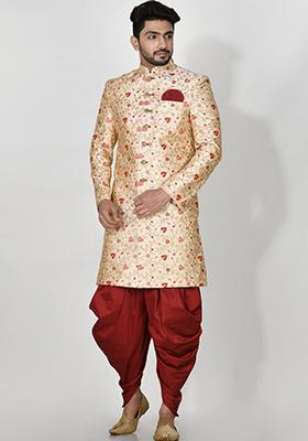 Red Embroidered Silk Indo Western Sherwani Set For Men