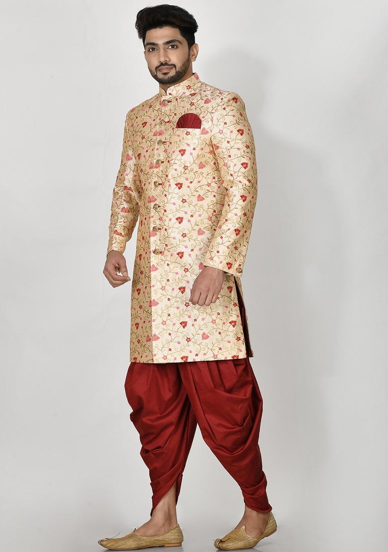 Red Embroidered Silk Indo Western Sherwani Set For Men