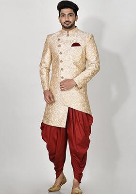 Beige Embroidered Silk Indo Western Sherwani Set For Men