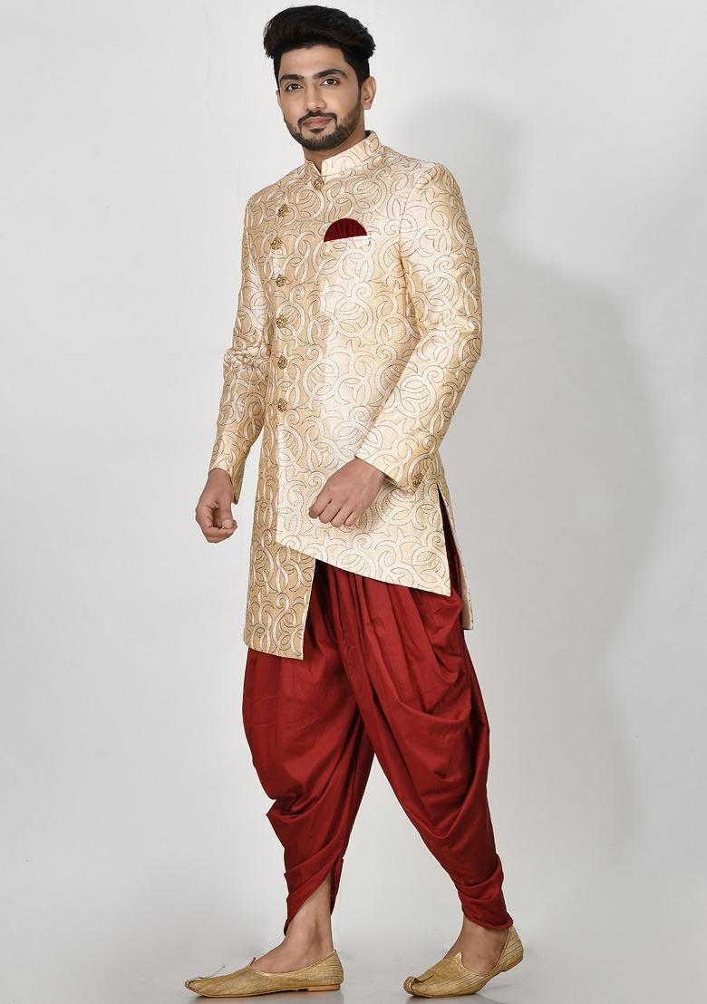 Beige Embroidered Silk Indo Western Sherwani Set For Men