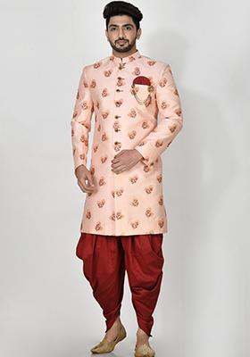 Pink Embroidered Silk Indo Western Sherwani Set For Men