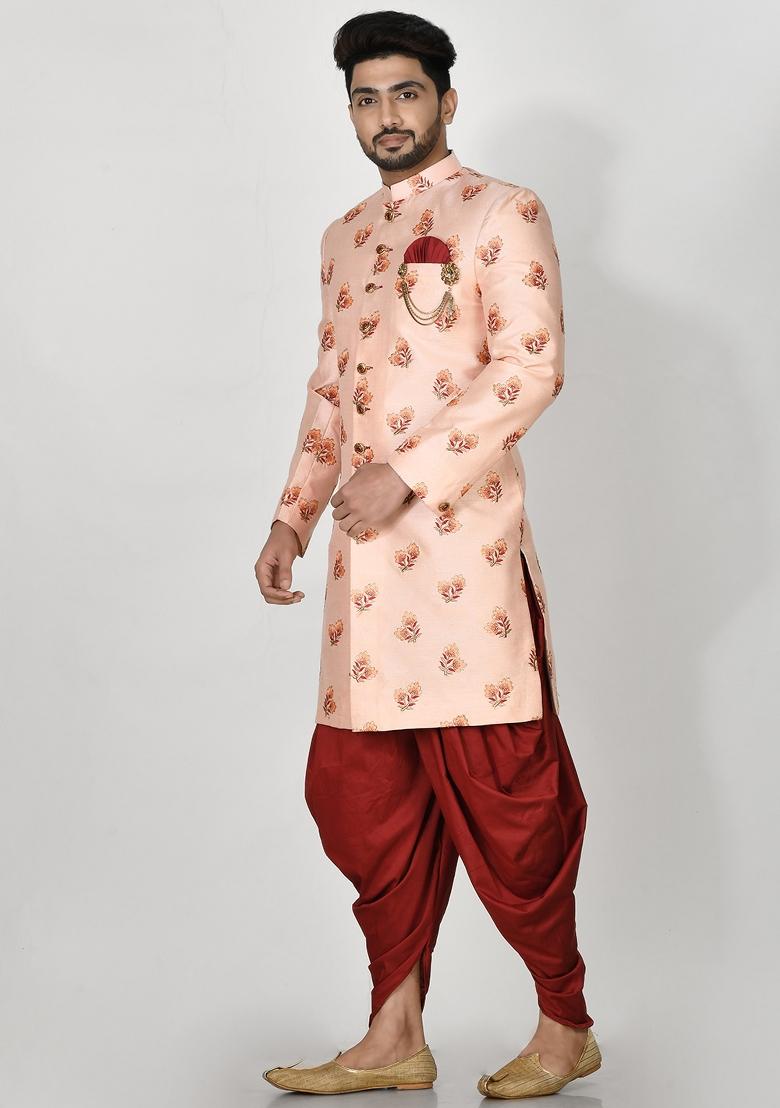 Pink Embroidered Silk Indo Western Sherwani Set For Men