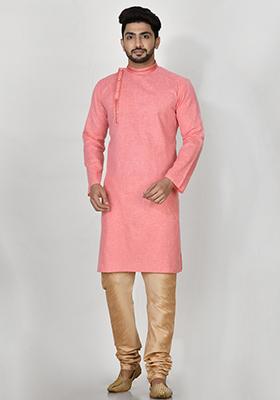 Pink Hand Embroidered Cotton Kurta Set For Men