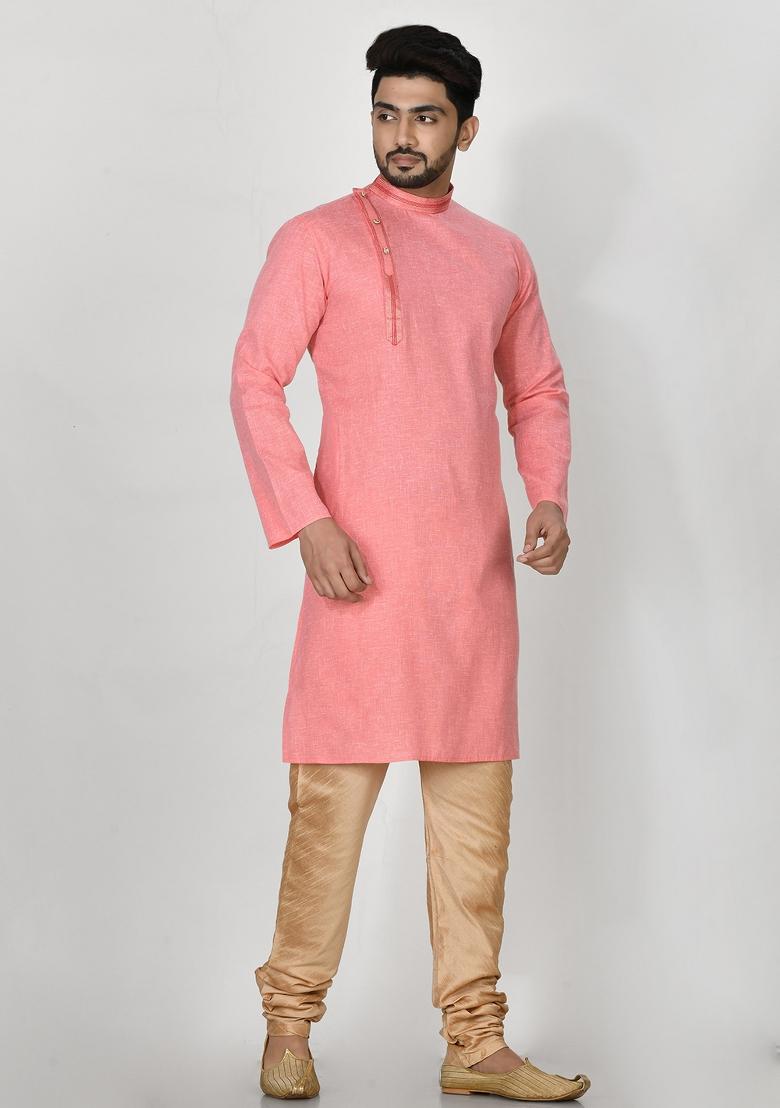Pink Hand Embroidered Cotton Kurta Set For Men