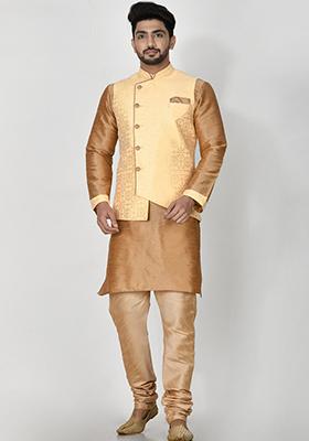 Beige Printed Jacquard Kurta Set For Men