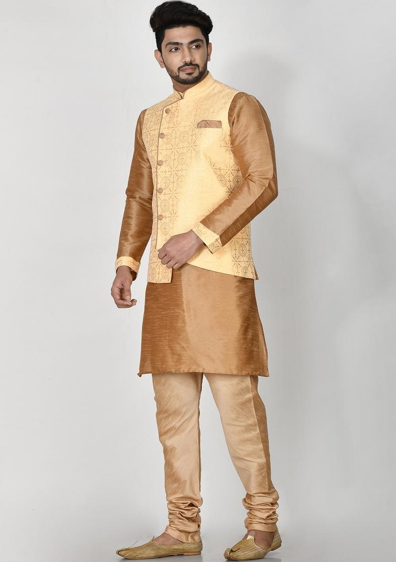 Beige Printed Jacquard Kurta Set For Men