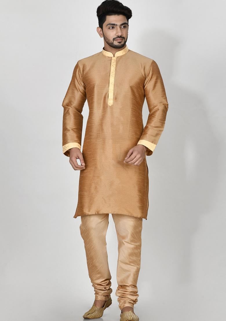 Beige Printed Jacquard Kurta Set For Men