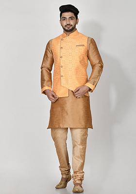 Orange Printed Jacquard Kurta Set For Men