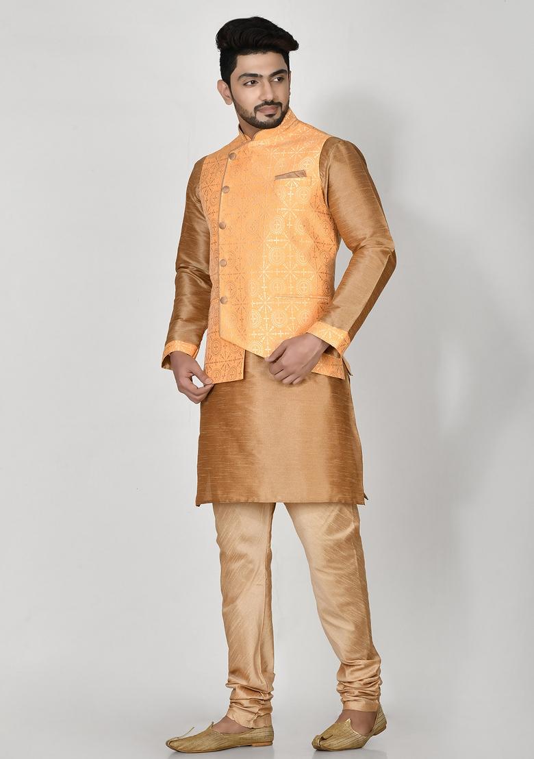 Orange Printed Jacquard Kurta Set For Men