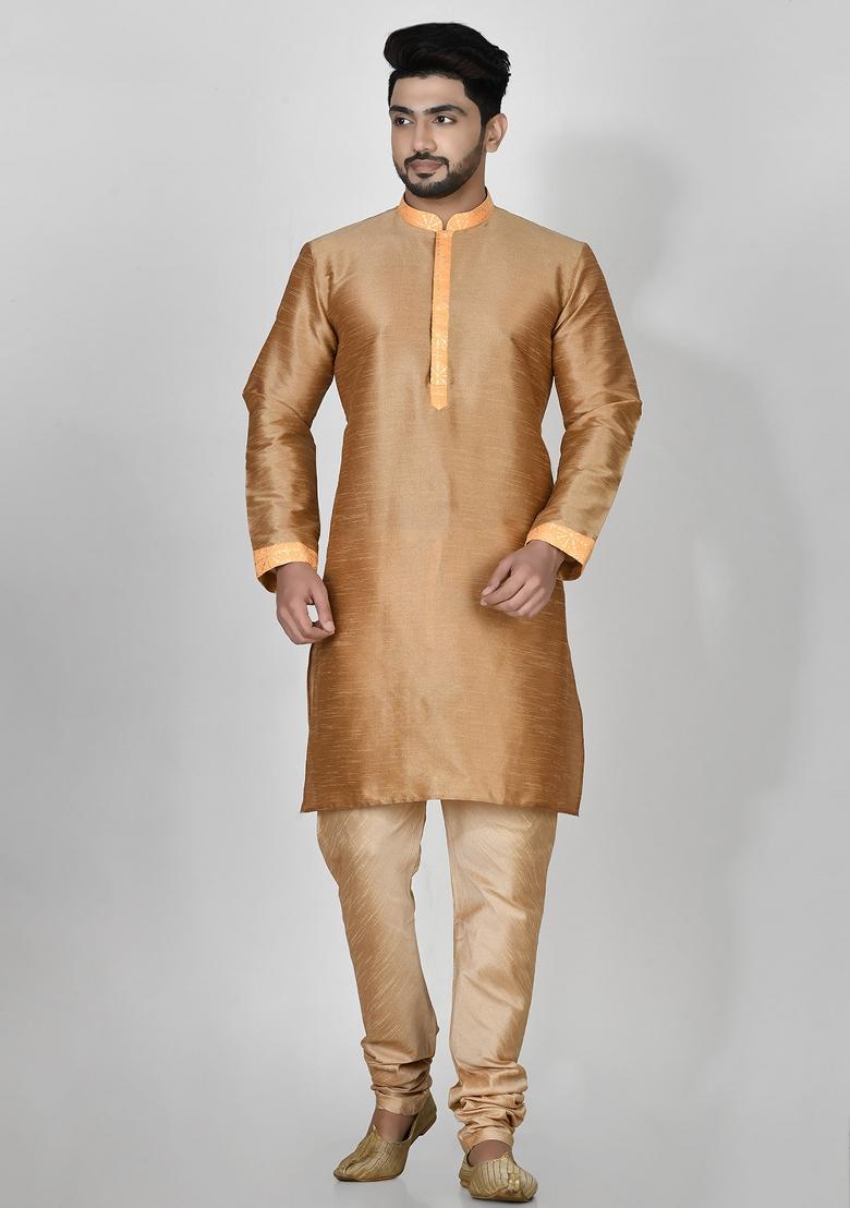 Orange Printed Jacquard Kurta Set For Men