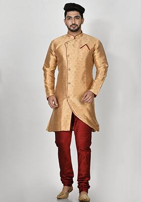 Golden Embroidered Jacquard Kurta Set For Men