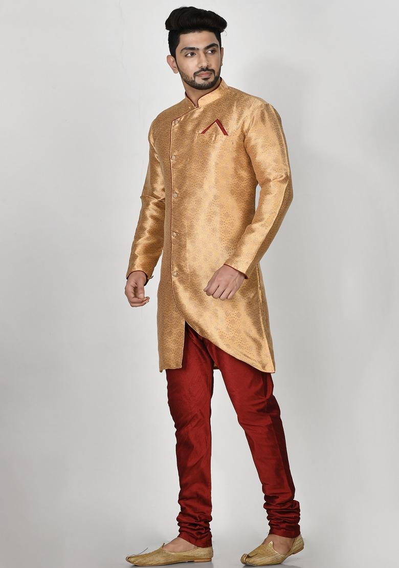 Golden Embroidered Jacquard Kurta Set For Men