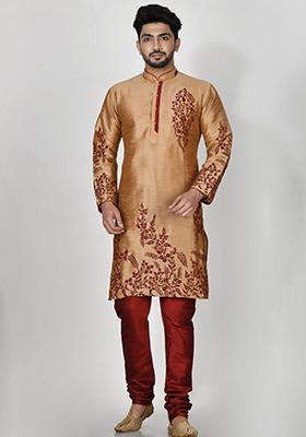 Golden Embroidered Silk Kurta Set For Men