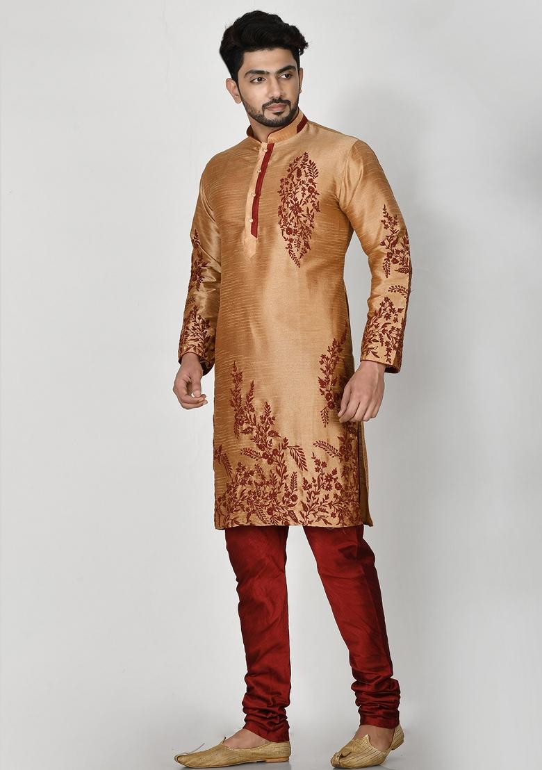 Golden Embroidered Silk Kurta Set For Men