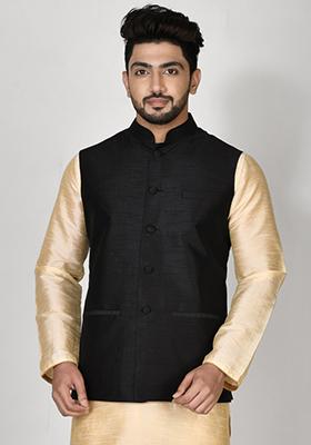 Black Solid Silk Nehru Jacket For Men