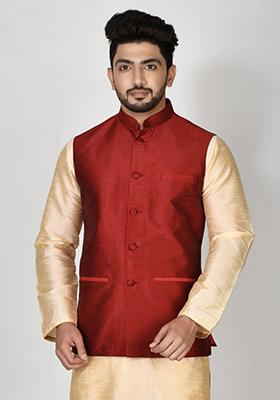 Maroon Solid Silk Nehru Jacket For Men
