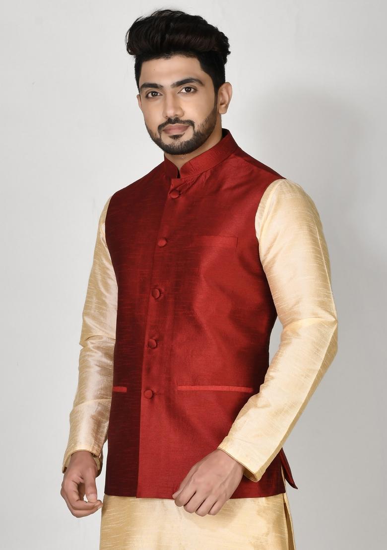 Maroon Solid Silk Nehru Jacket For Men