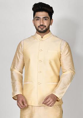 Cream Solid Silk Nehru Jacket For Men