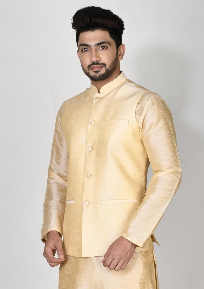 Cream Solid Silk Nehru Jacket For Men
