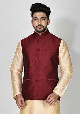 Wine Solid Silk Nehru Jacket For Men