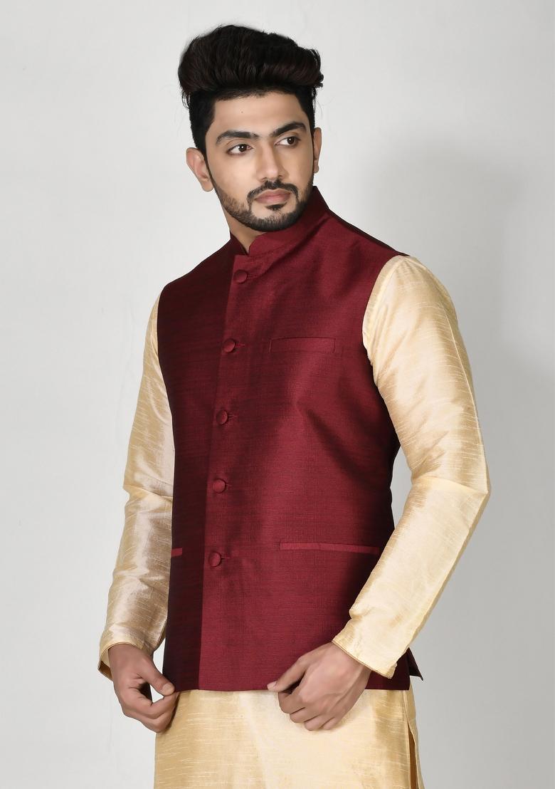 Wine Solid Silk Nehru Jacket For Men